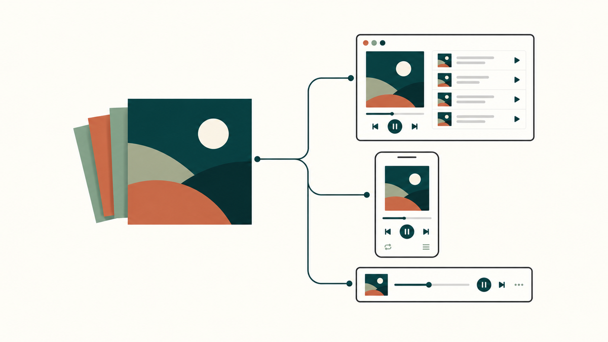 Illustration of a music release connected to desktop, mobile, and compact music players, showing its distribution across digital platforms.