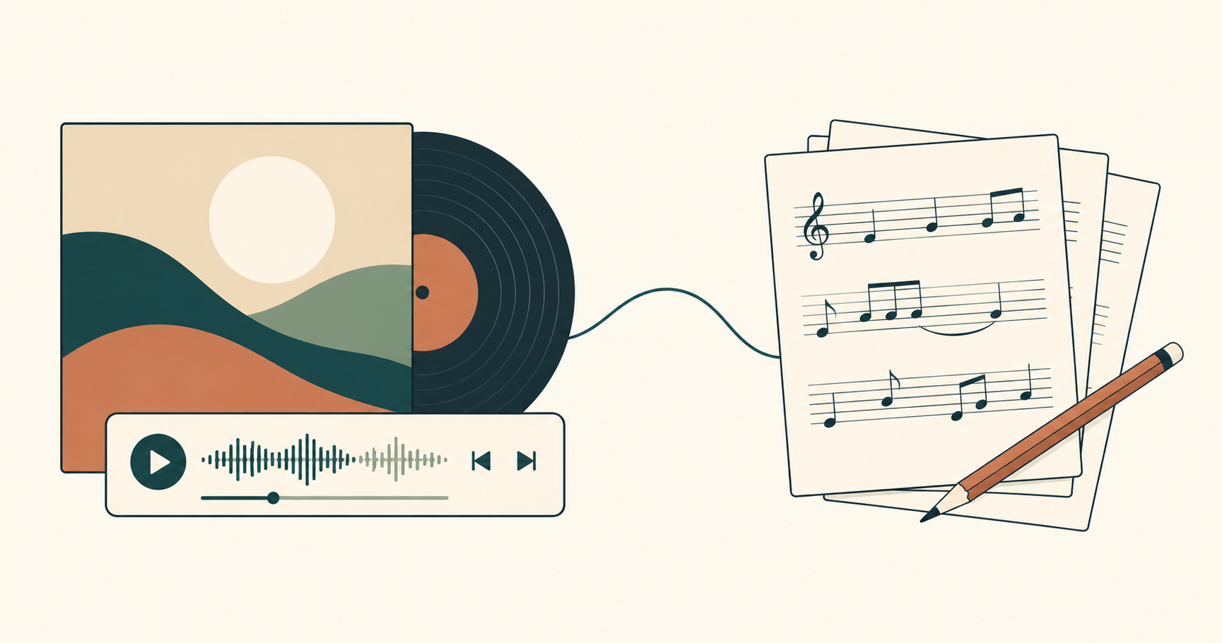 Illustration pairing an album and audio player with sheet music and a pencil, showing the distinction between a sound recording and its underlying composition.