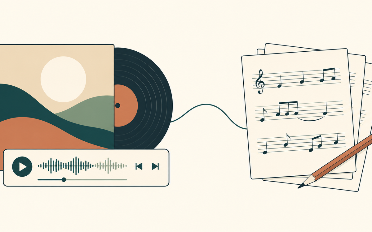 Illustration pairing an album and audio player with sheet music and a pencil, showing the distinction between a sound recording and its underlying composition.