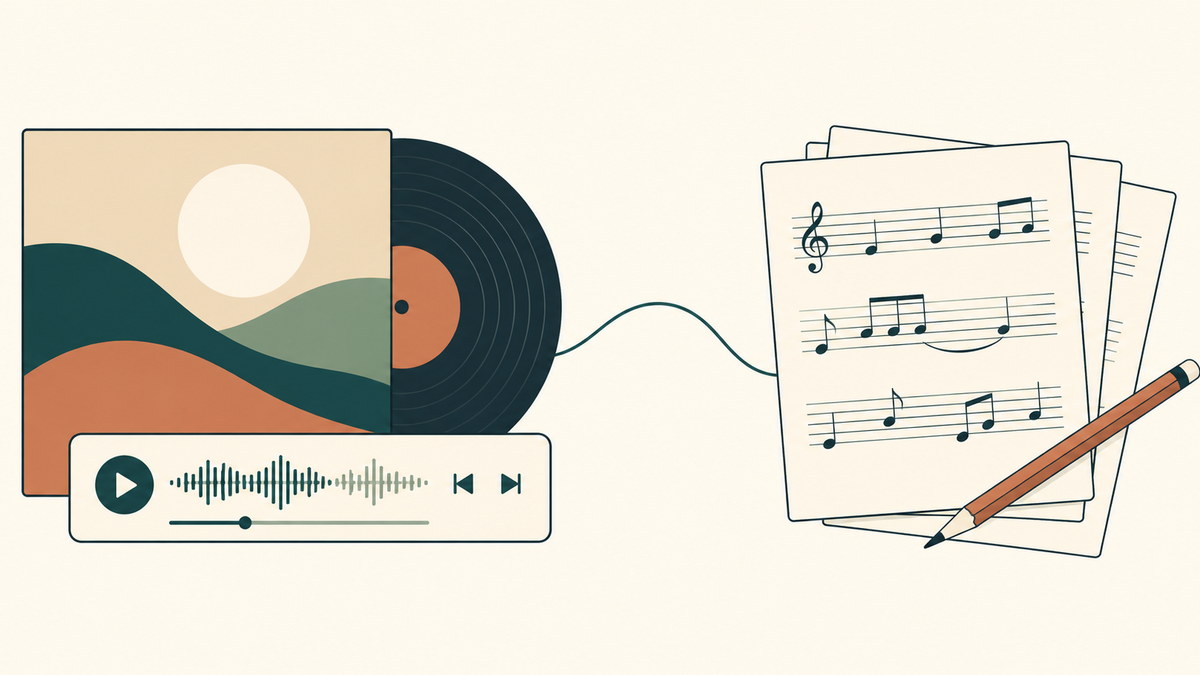 Illustration pairing an album and audio player with sheet music and a pencil, showing the distinction between a sound recording and its underlying composition.