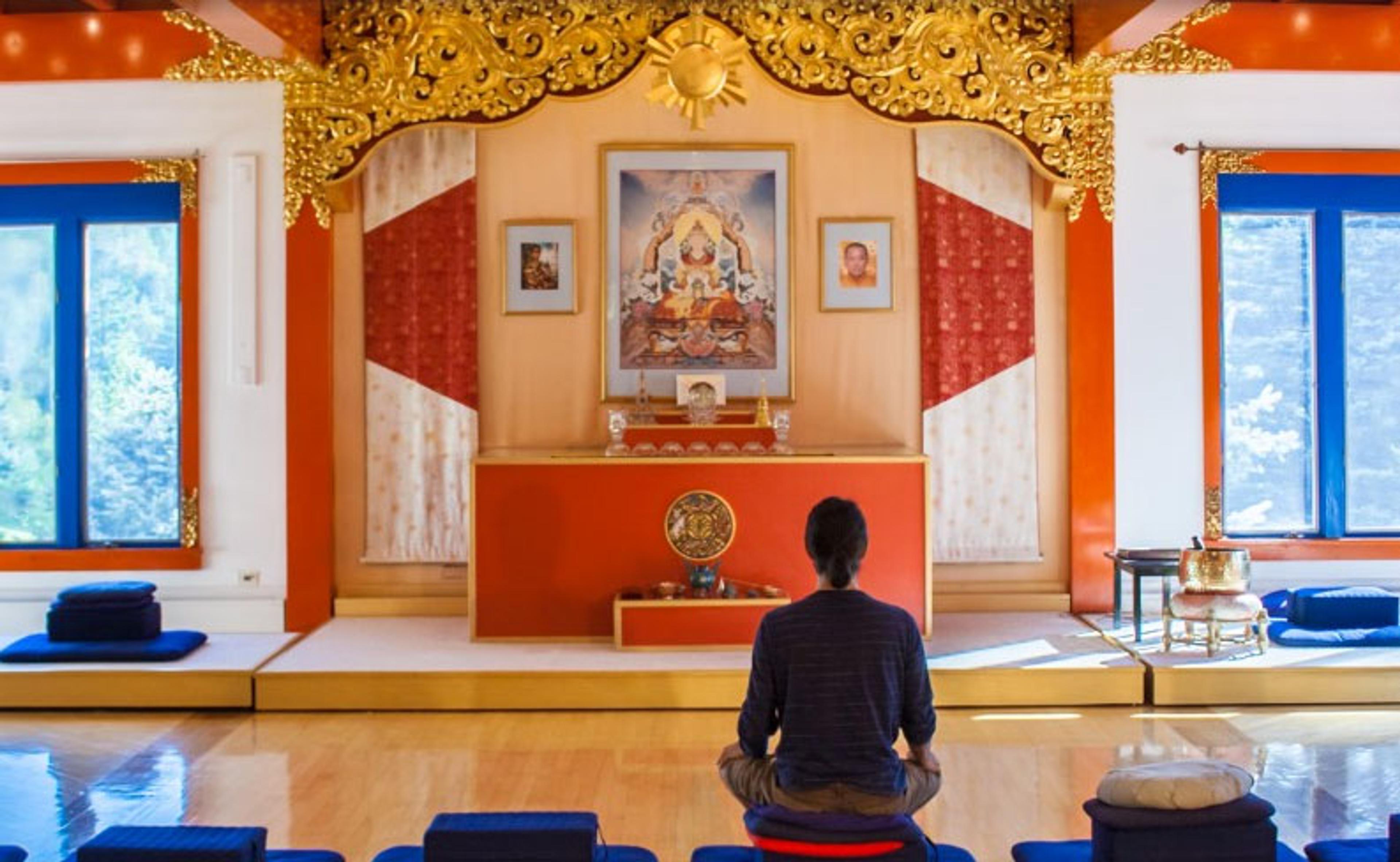 Buddhist Shrine Room at Karme Choling meditation retreat center in Vermont