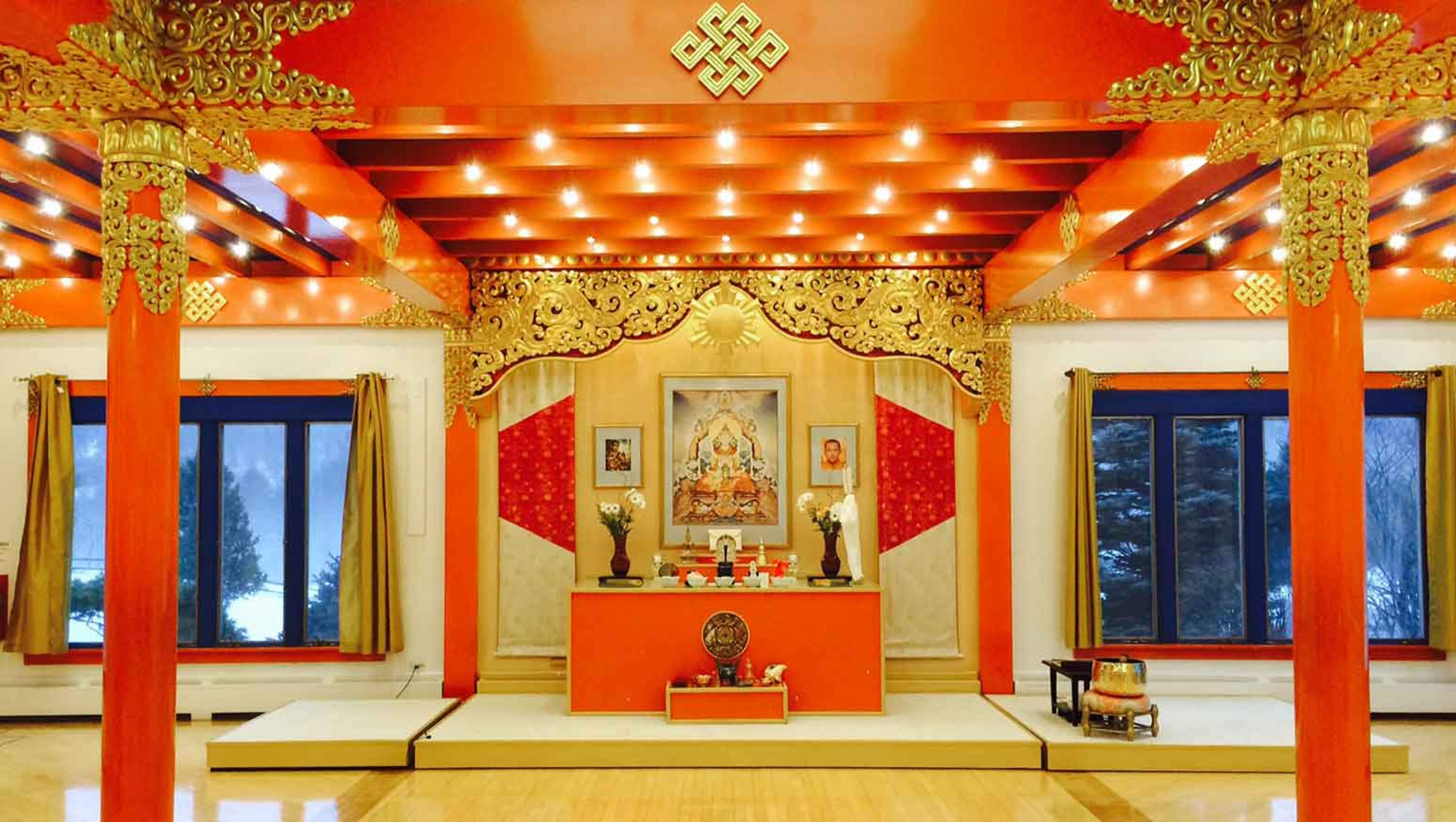 Main meditation shrine room at Karme Choling meditation retreat center, Vermont