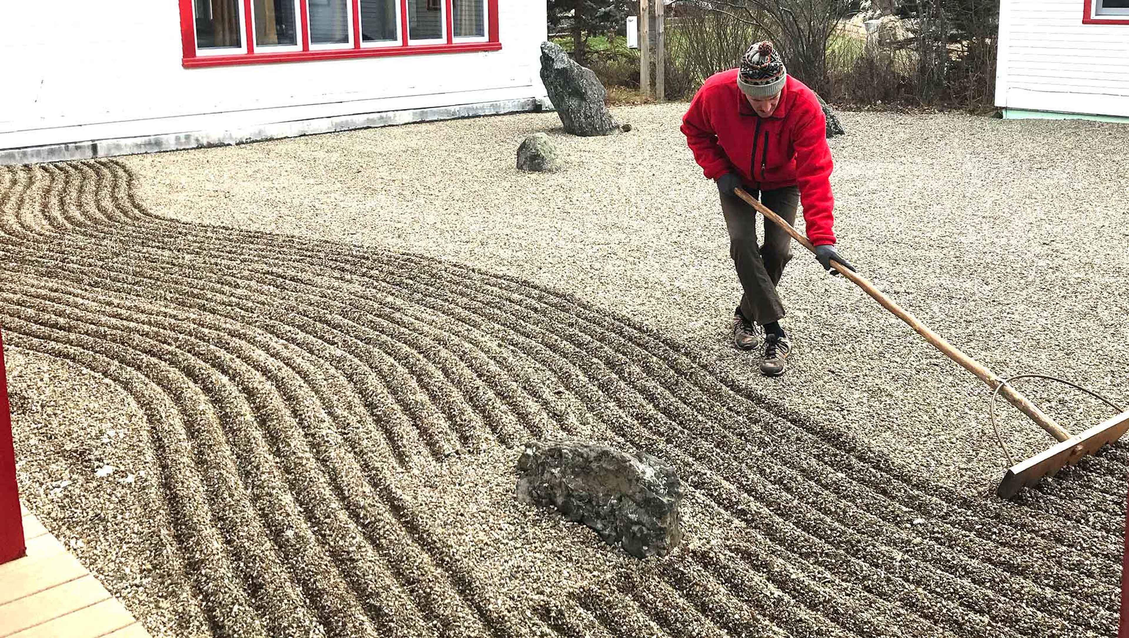 Raking the Rock Garden at Karme Choling Meditation Retreat Center, Vermont