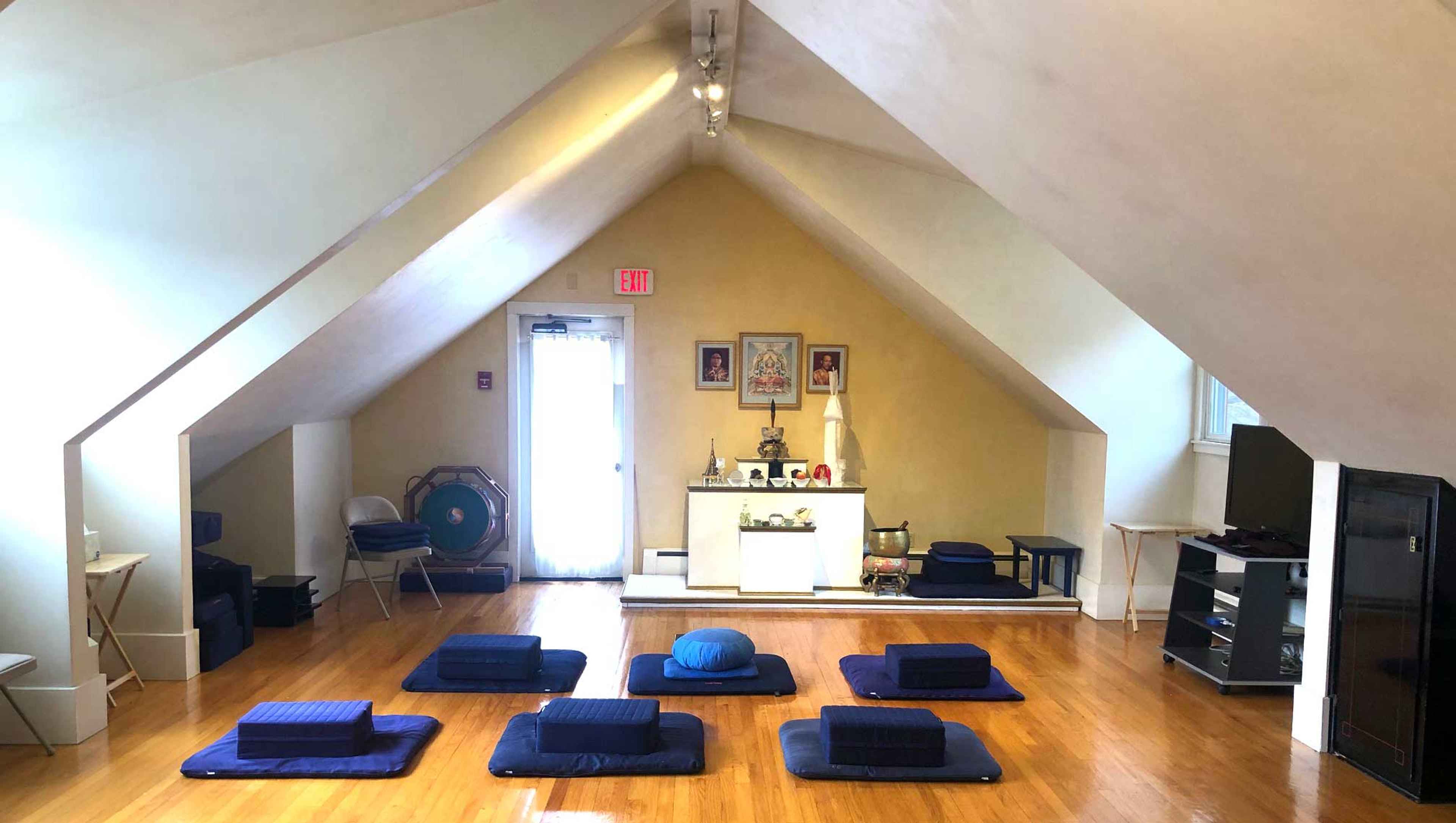 Shambhala Shrine room workshop or retreat space at Karme Choling meditation retreat center, Vermont
