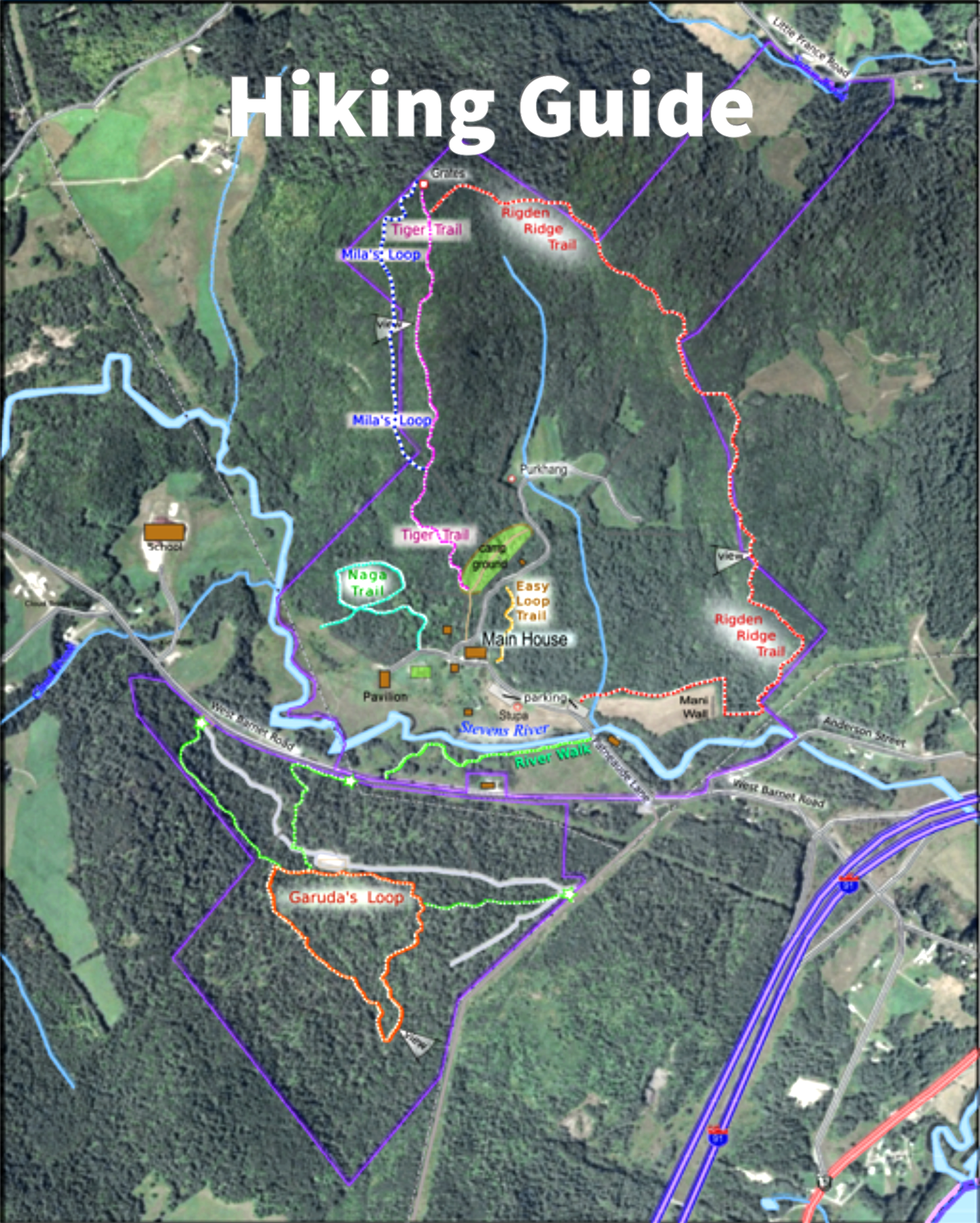 Satellite view of Karme Choling's six hiking trails