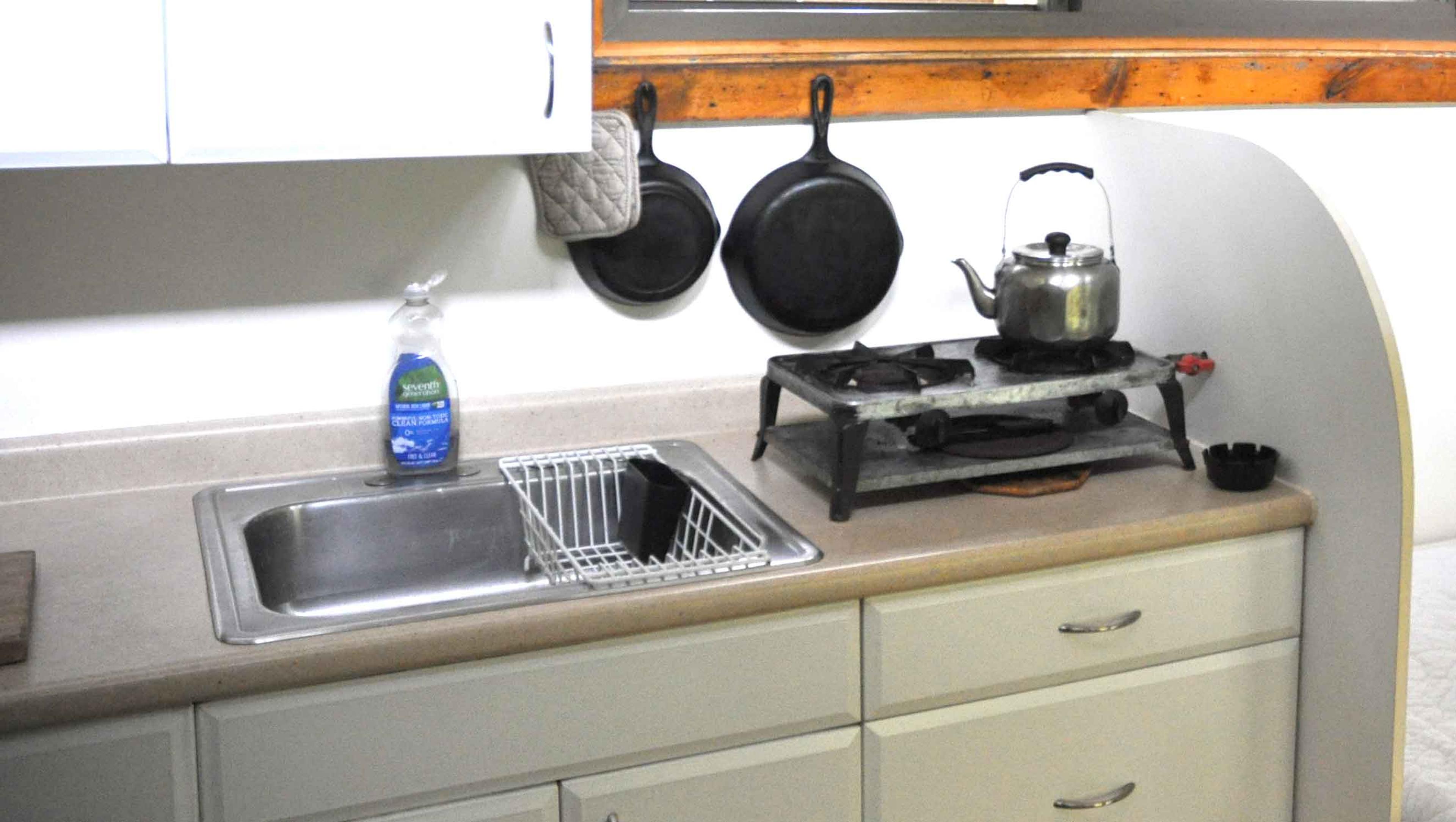 Kitchen and cooking supplies that come in the Solitary Retreat Cabins at Karme Choling Meditation Retreat Center, Vermont