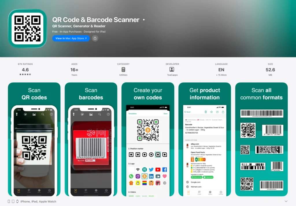 TeaCapps scanner app