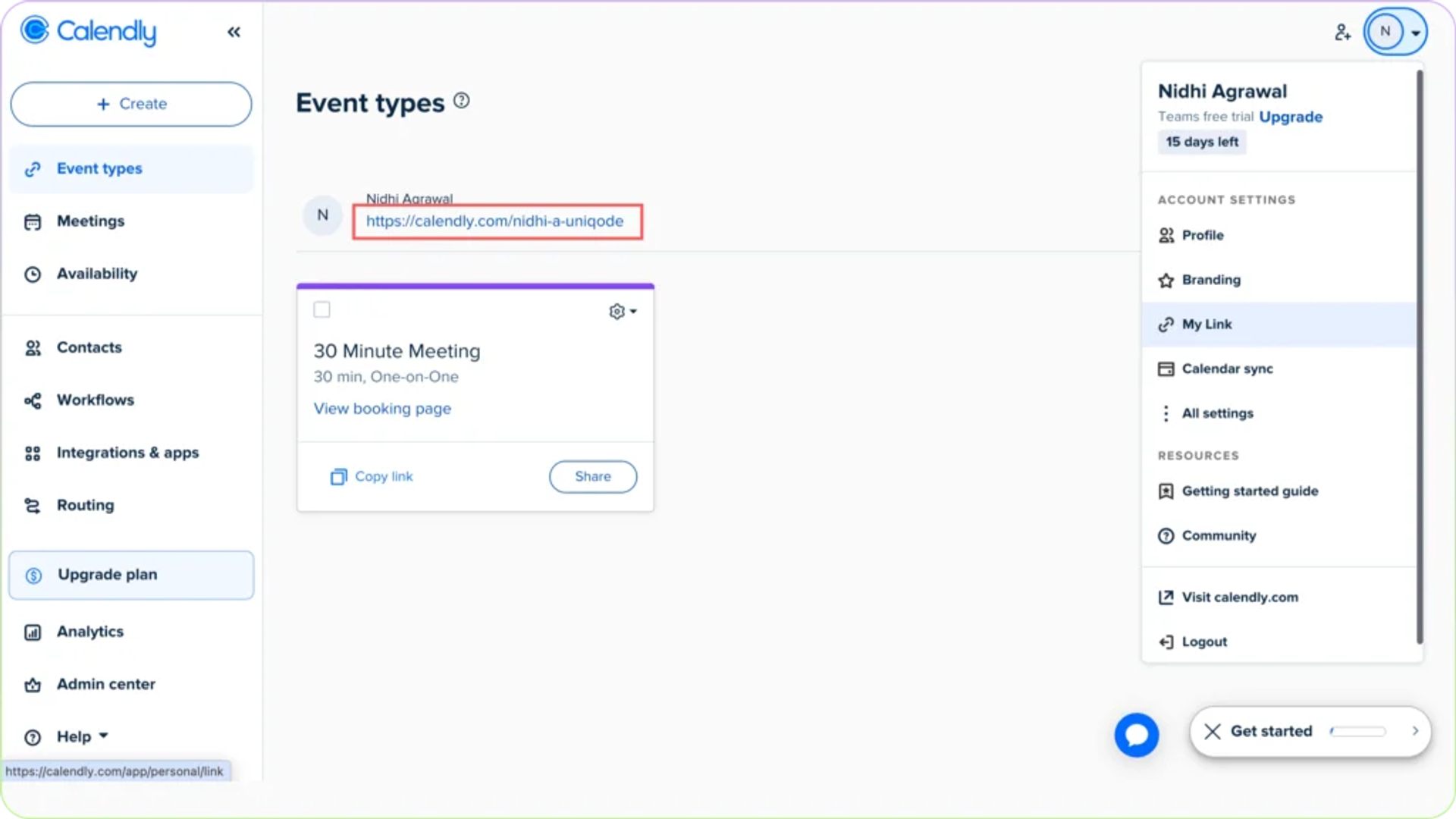 Locate Calendly shareable link