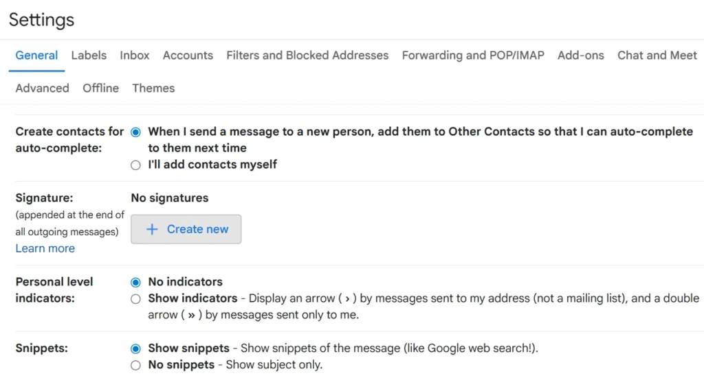 settings in gmail