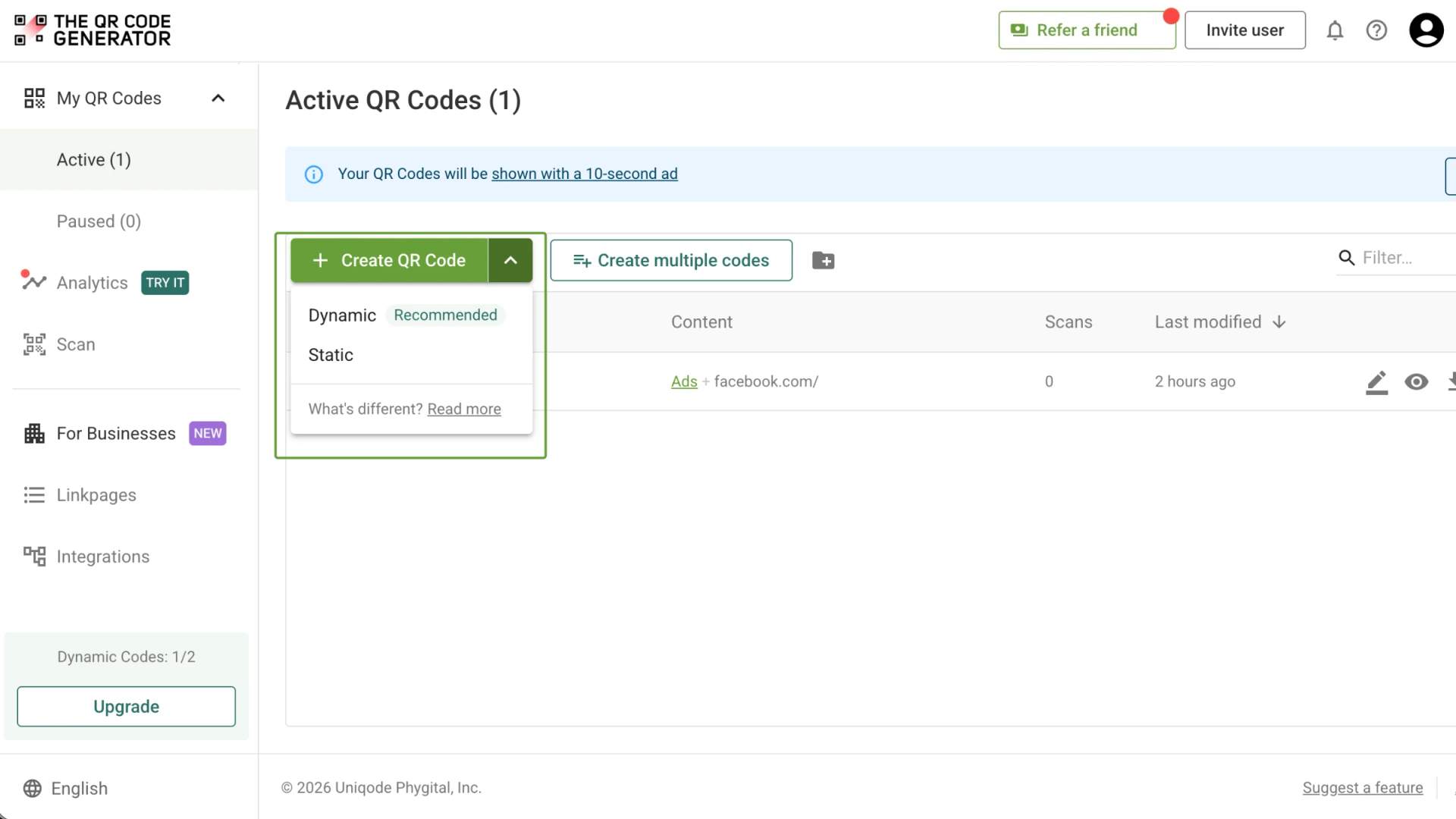 Log in to the TQRCG dashboard and click + Create QR Code