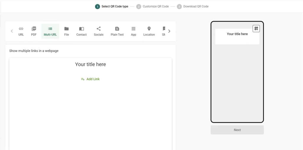 Log in and select QR Code type