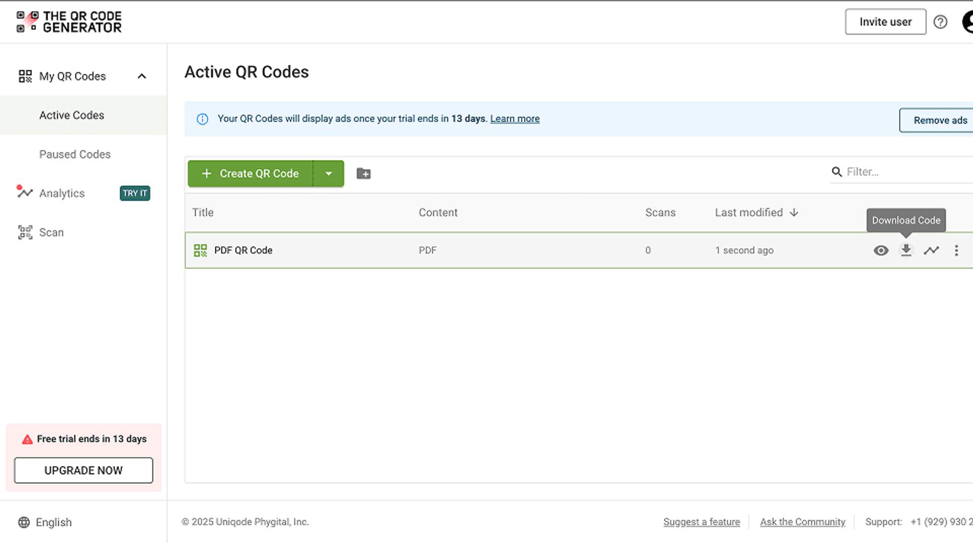 access pdf qr code in The QR Code Generator dashboard