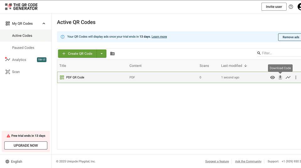 access pdf qr code in The QR Code Generator dashboard