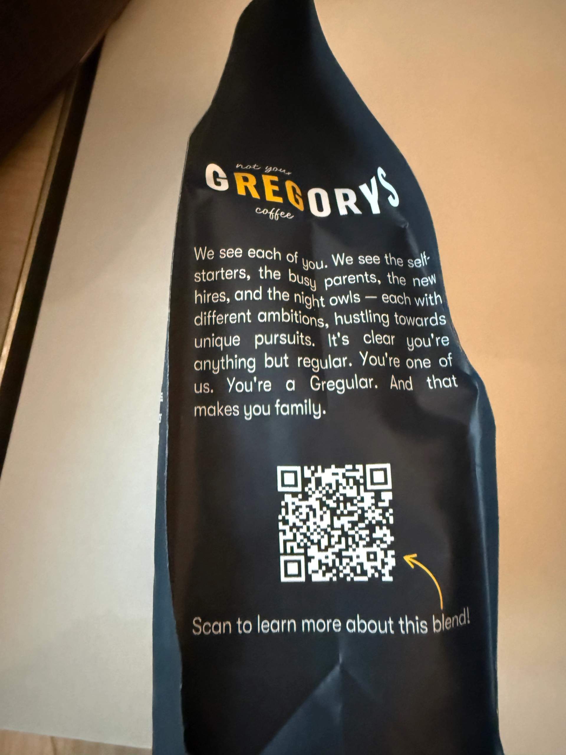 Gregory’s Coffee qr code about the blend