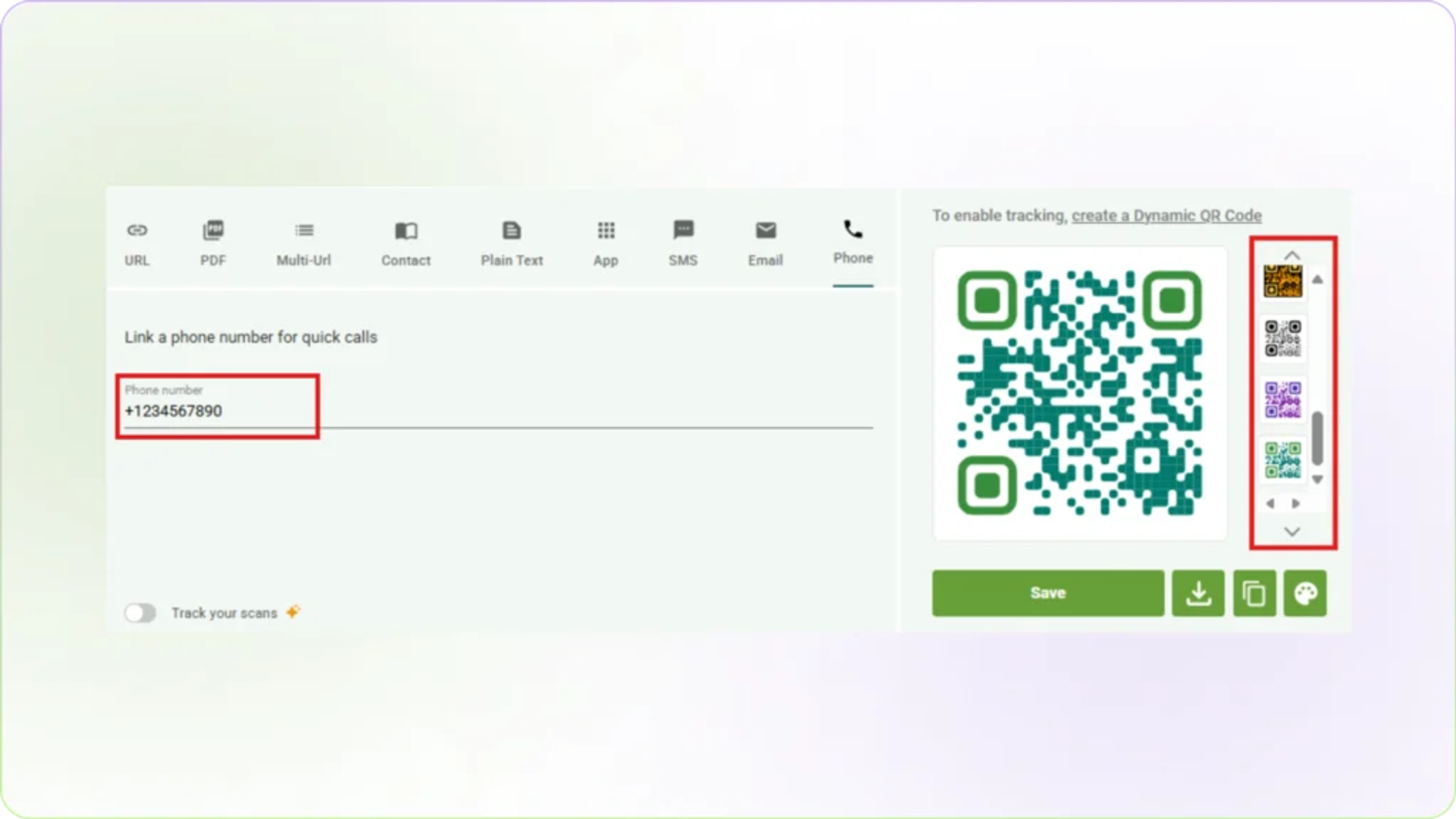 Create Call QR Code - enter your phone number with country code