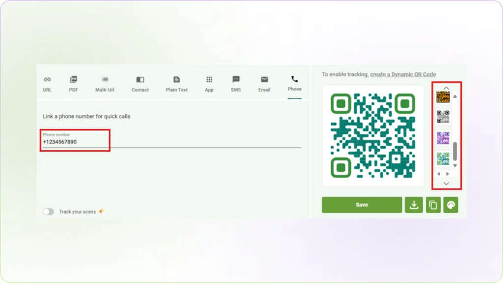 Create Call QR Code - enter your phone number with country code