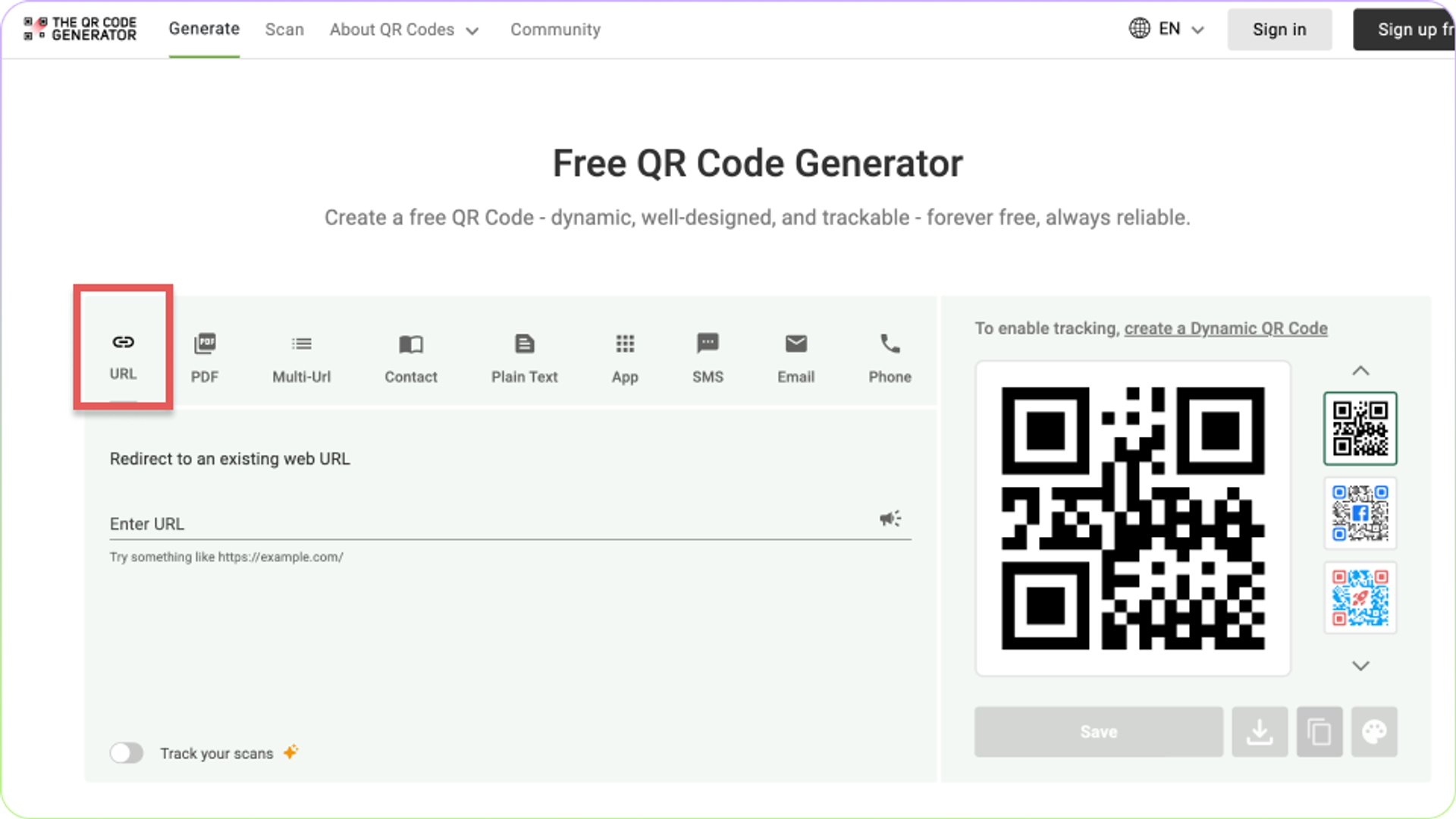 Select URL option in The QR Code Generator