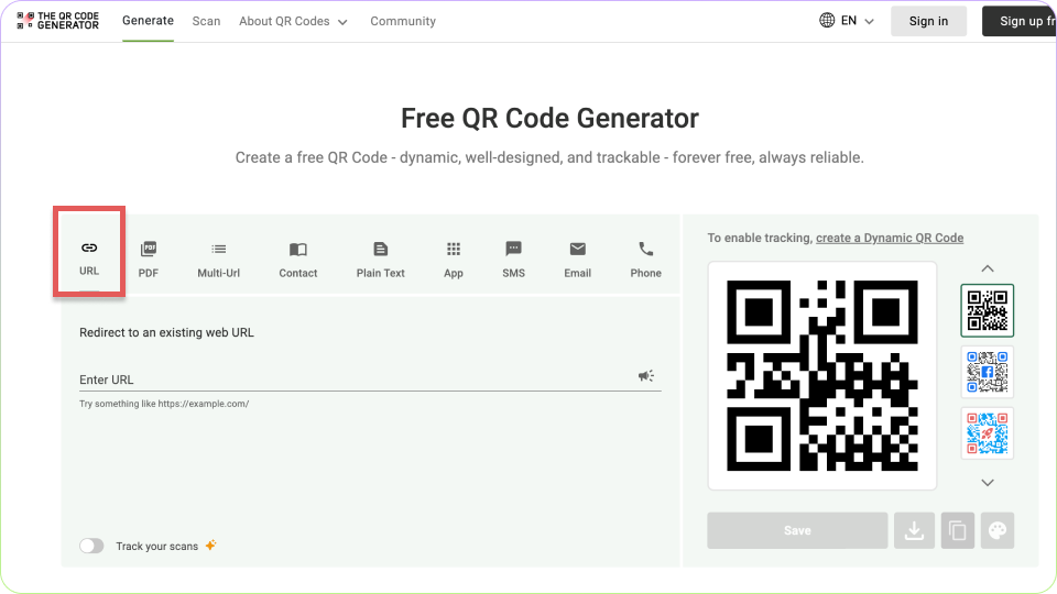 Select URL option in The QR Code Generator