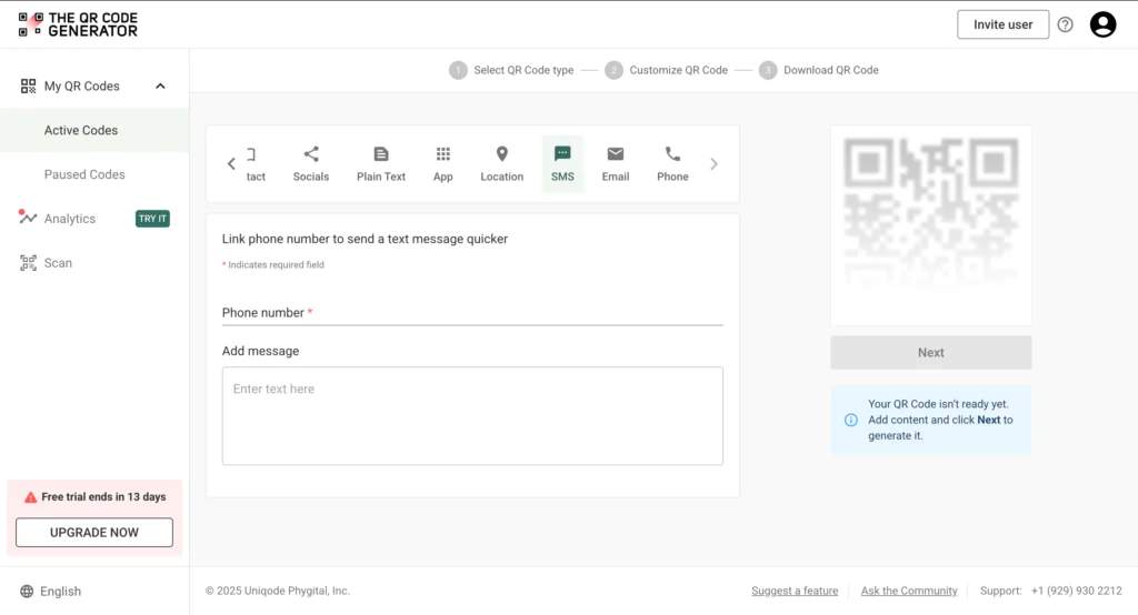 Create SMS QR Code in The QR Code Generator