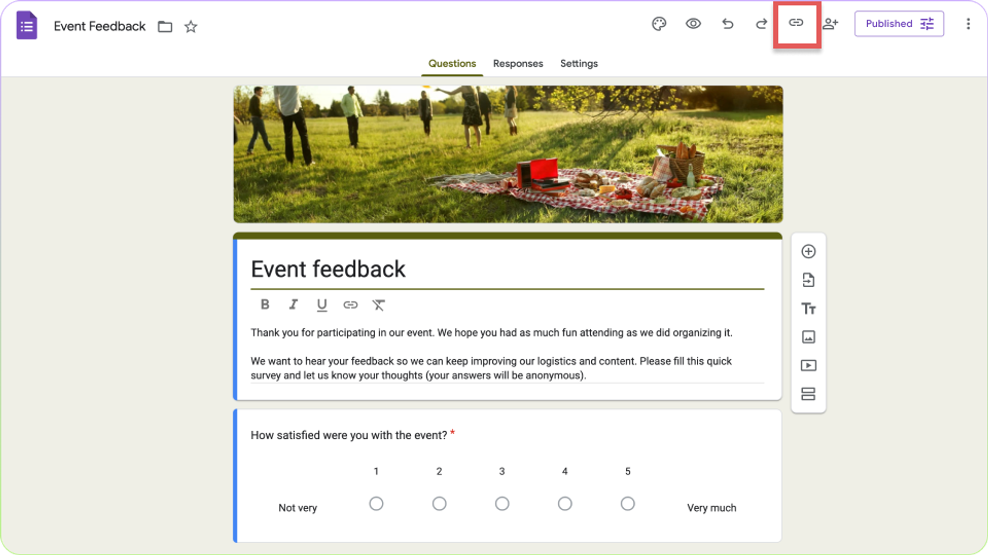 Create Google Forms QR Code - Click on the link icon