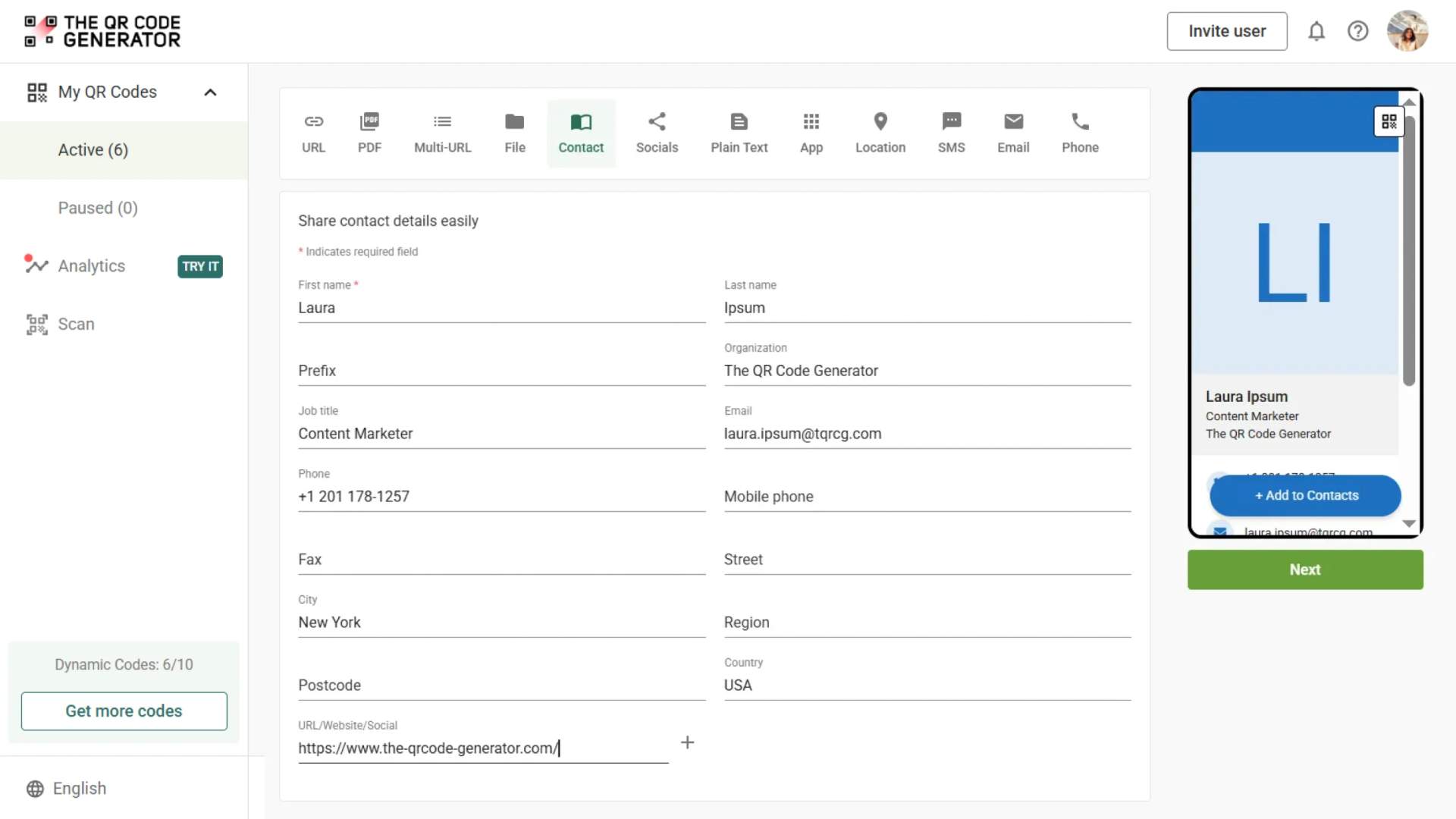 User logging in to The QR Code Generator dashboard and selecting the Contact QR Code option.