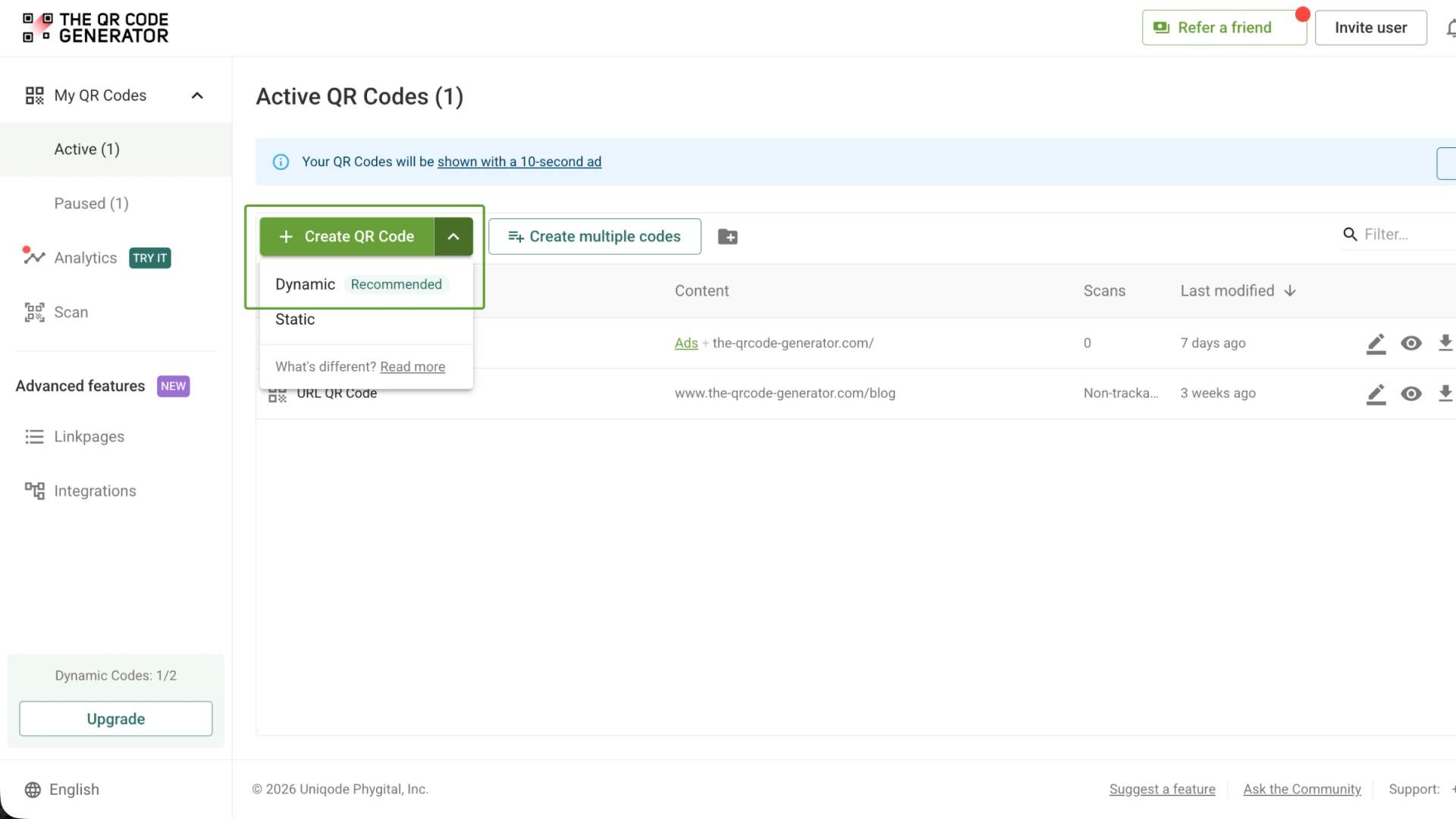 Log in and create your QR Code