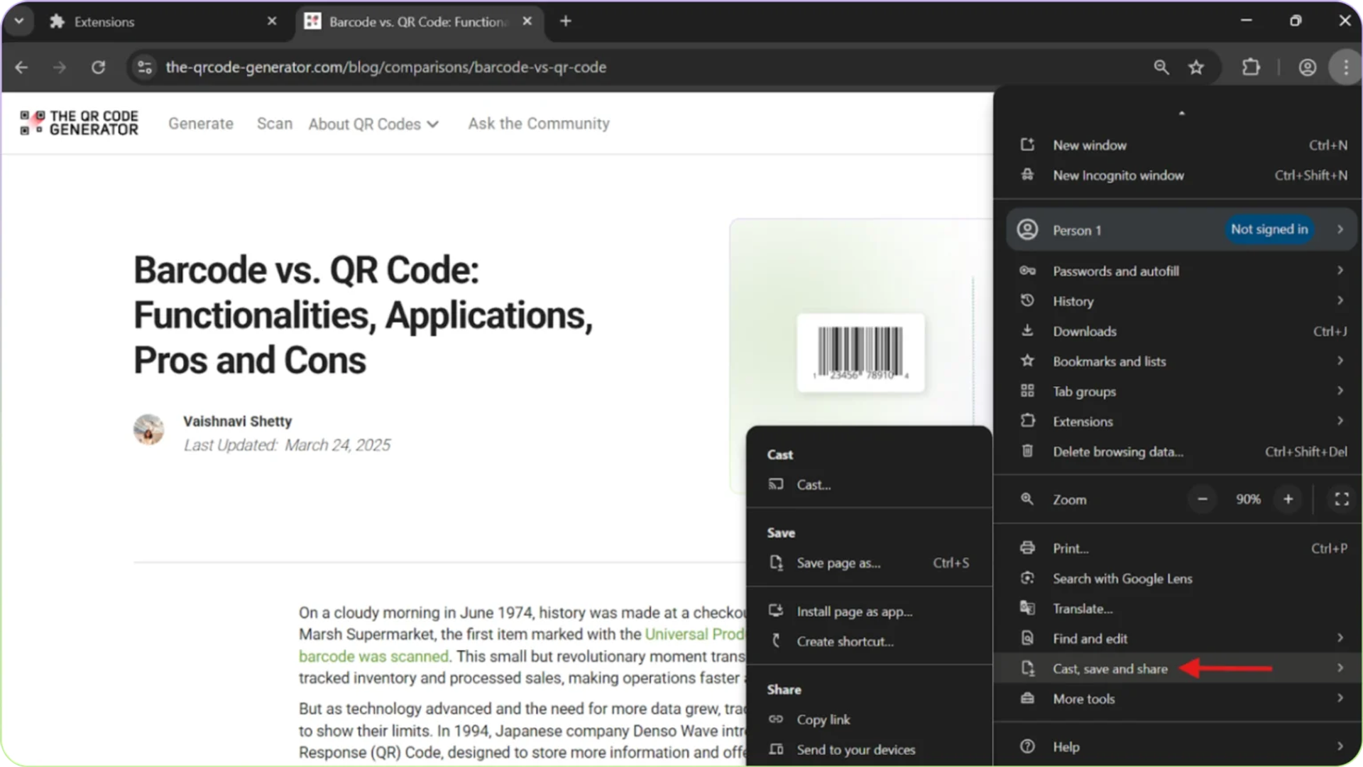 Hover over Cast, save and share in the dropdown menu