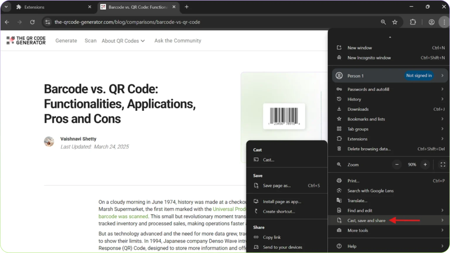 Hover over Cast, save and share in the dropdown menu