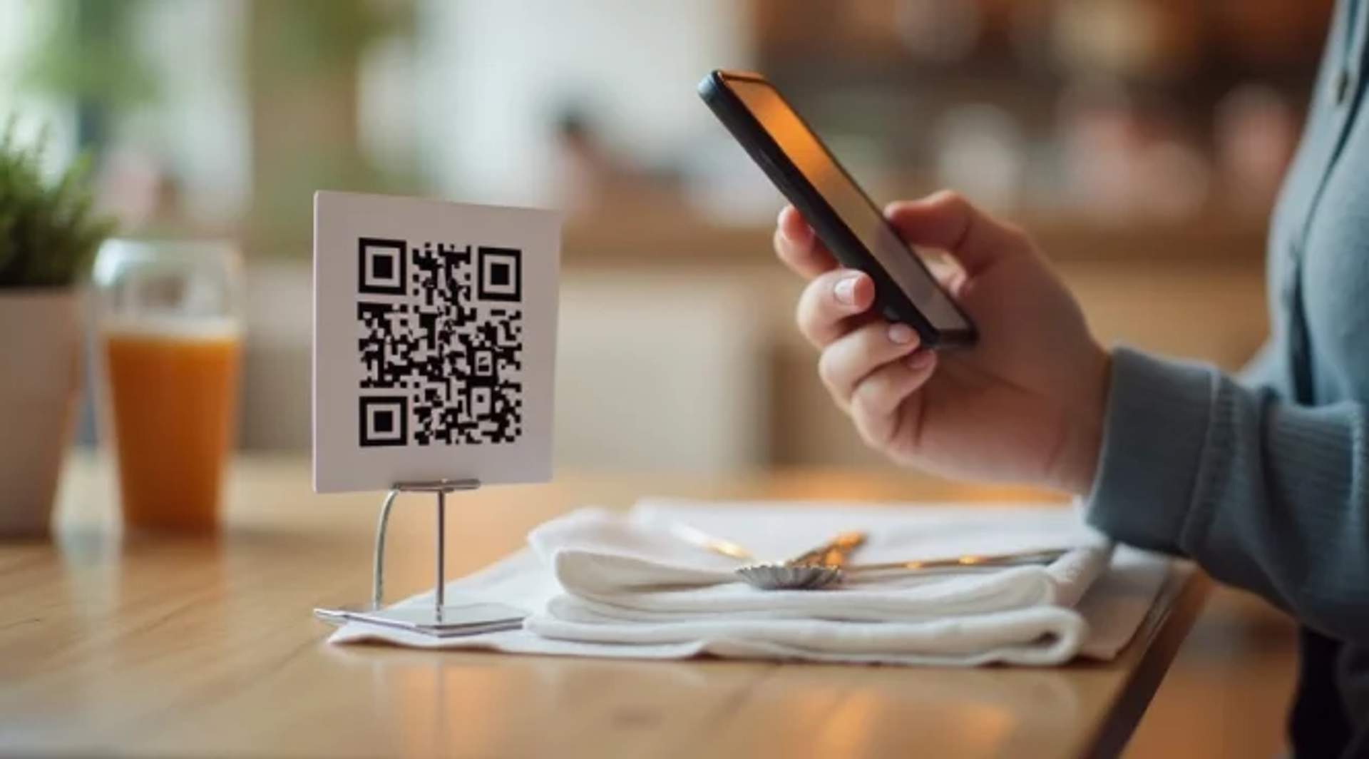 Kunde, der in einem Restaurant die Speisekarte von QR Code scannt