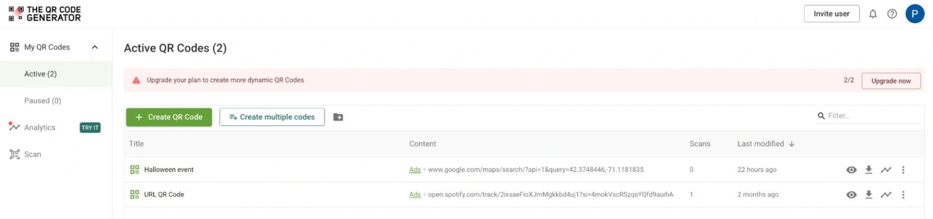 QR Code analytics dashboard showing scans, locations, and timestamps