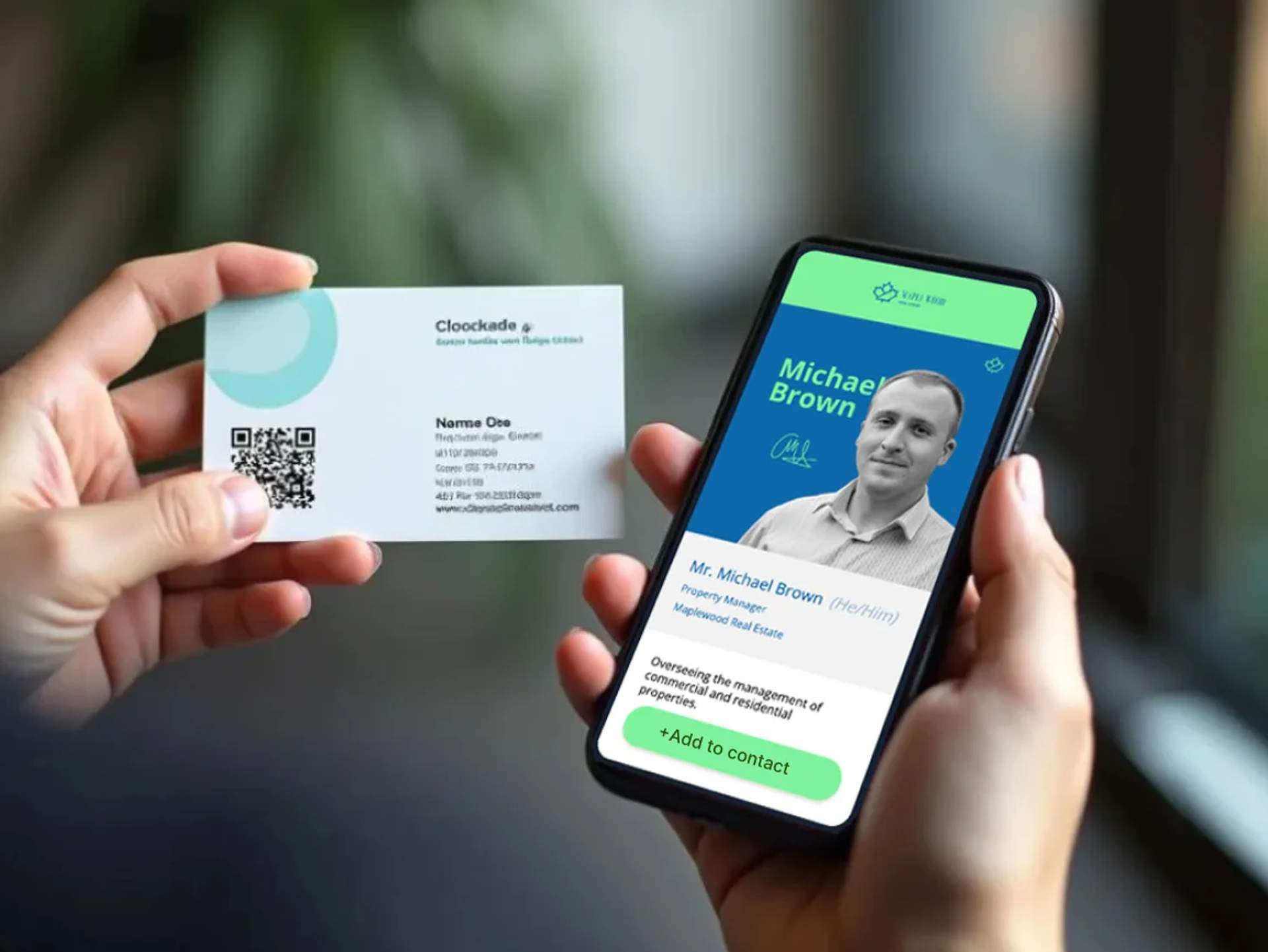 Person scanning a QR Code business card to instantly open and save all contact details on their smartphone.