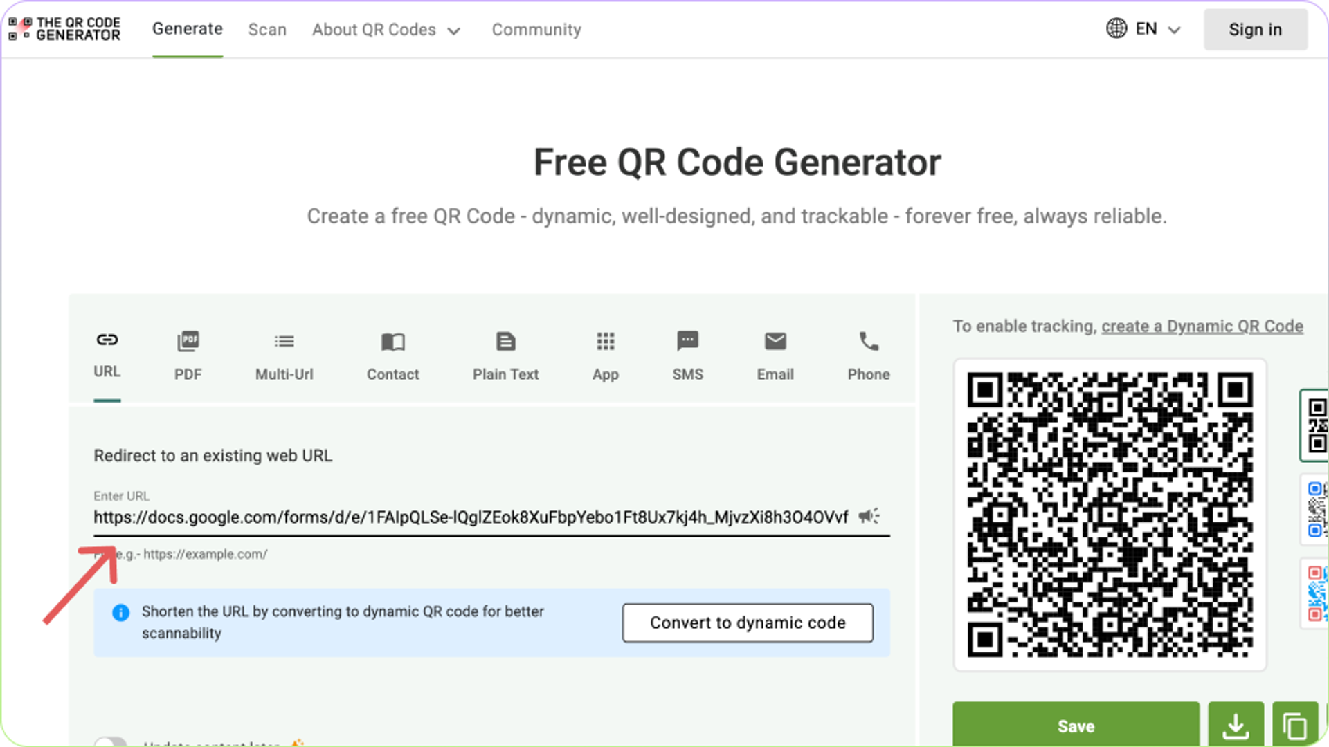Paste Google Form URL in The QR Code Generator