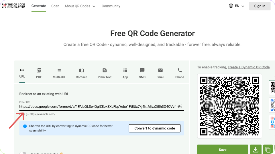 Paste Google Form URL in The QR Code Generator
