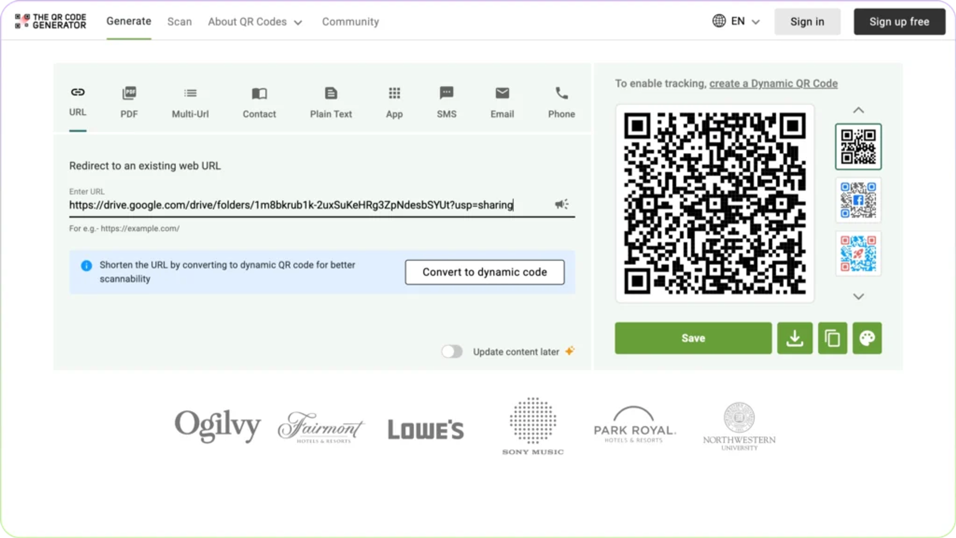 Use The QR Code Generator to create Google Drive QR