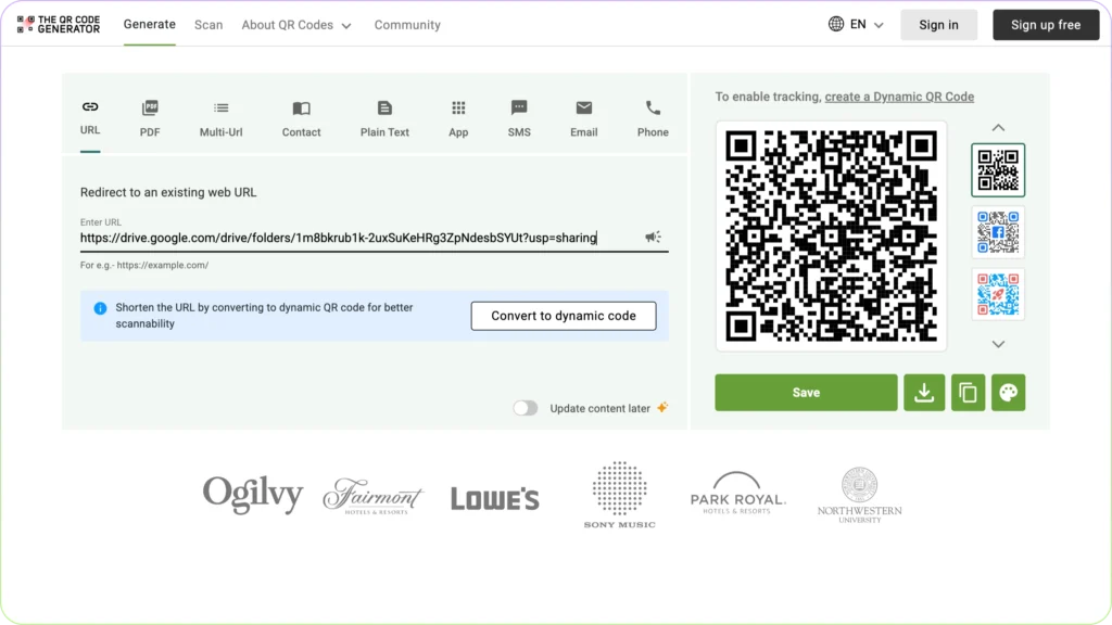 Use The QR Code Generator to create Google Drive QR