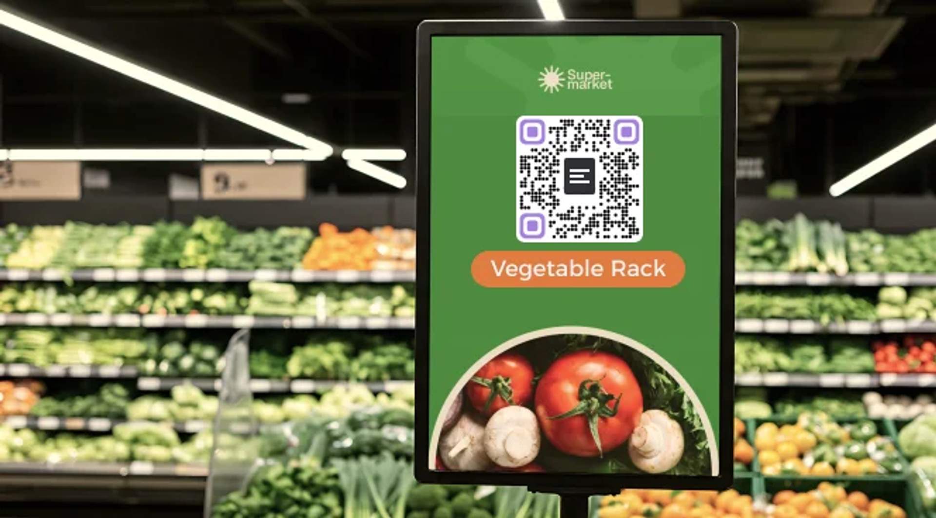 QR Code Beschriftung für ein Gemüseregal in einem Supermarkt.