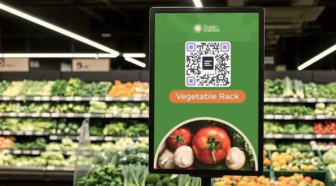 QR Code Beschriftung für ein Gemüseregal in einem Supermarkt.