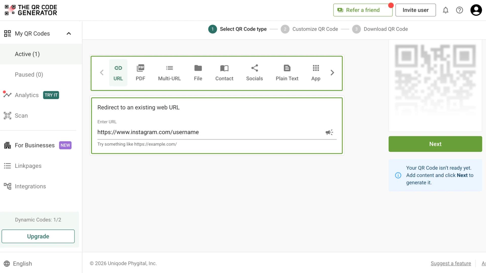 Pick your QR Code type and paste your link