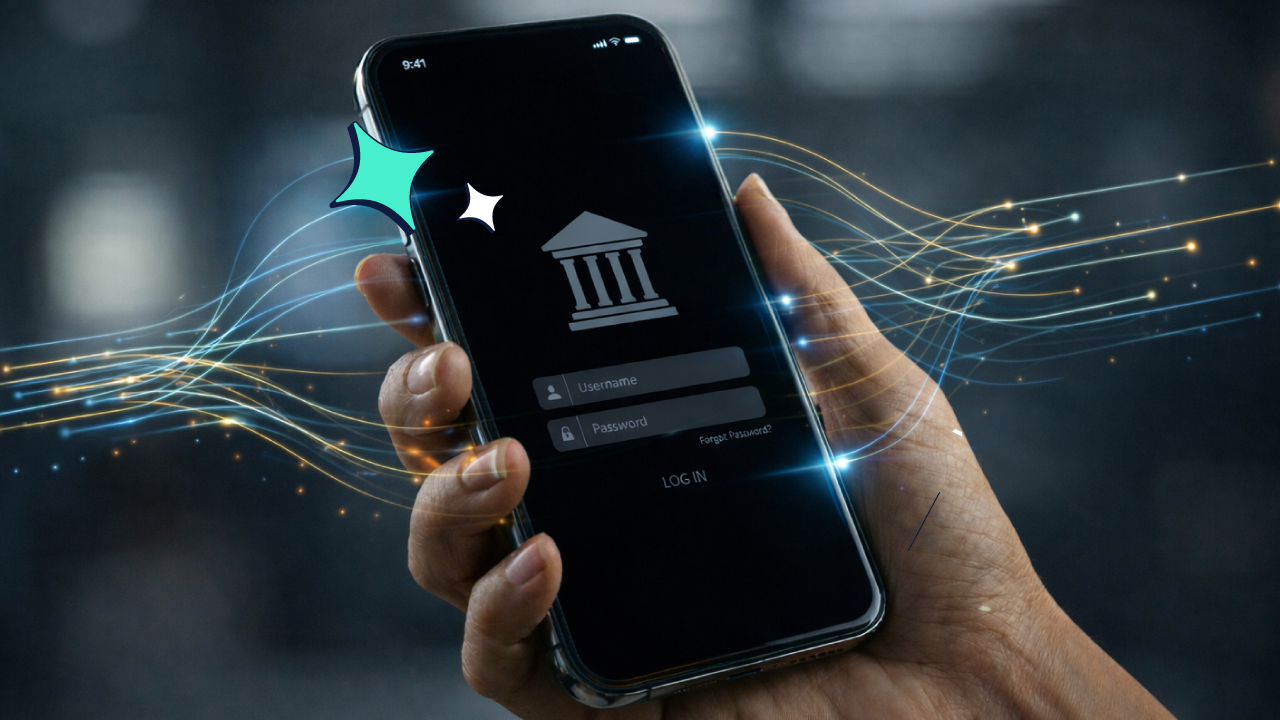 Person holding a smartphone with a banking app loaded on the screen.