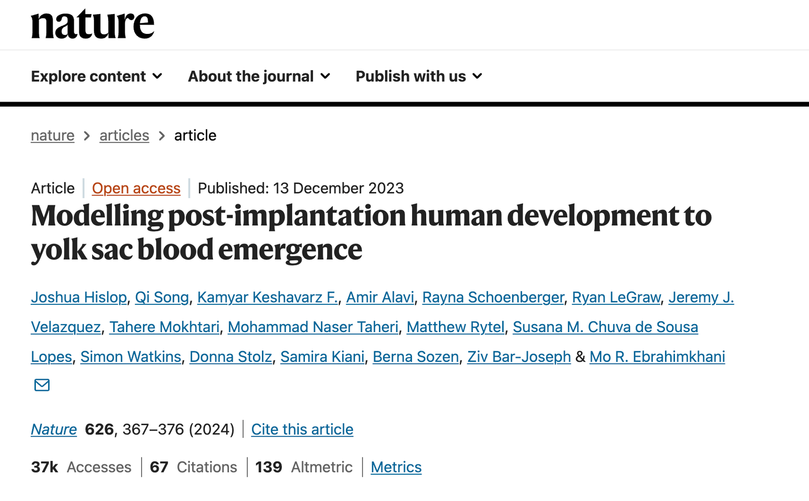 The Nature article “Modelling post-implantation human development to yolk sac blood emergence”, published 13 December 2023