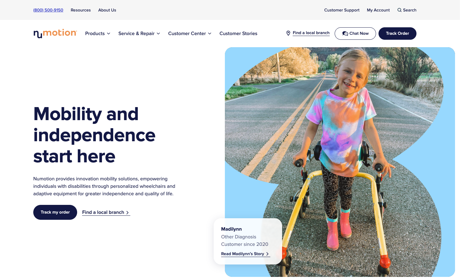 A screenshot of Numotion's homepage, featuring a photo of a customer.
