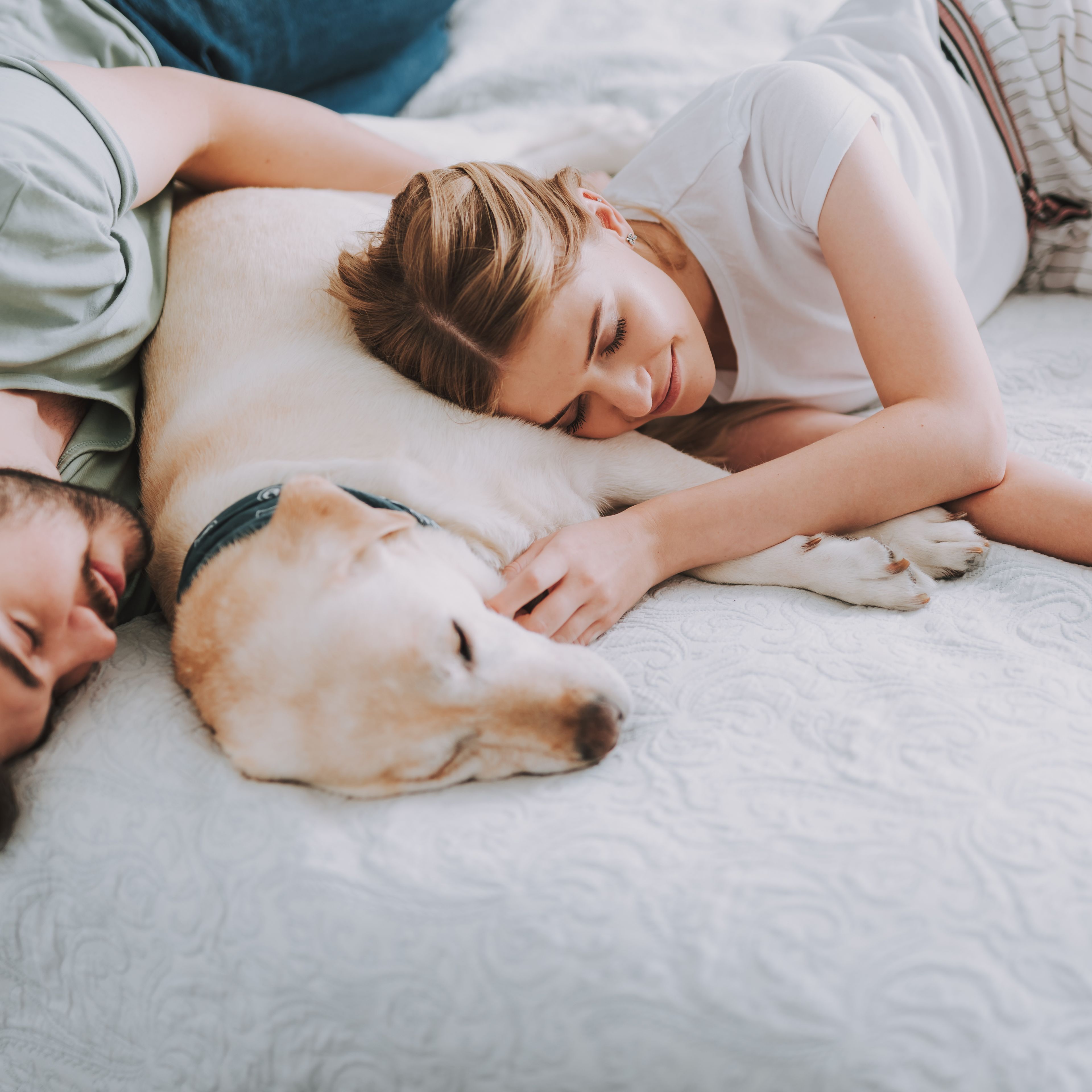 Coppia che dorme con il proprio cane a letto