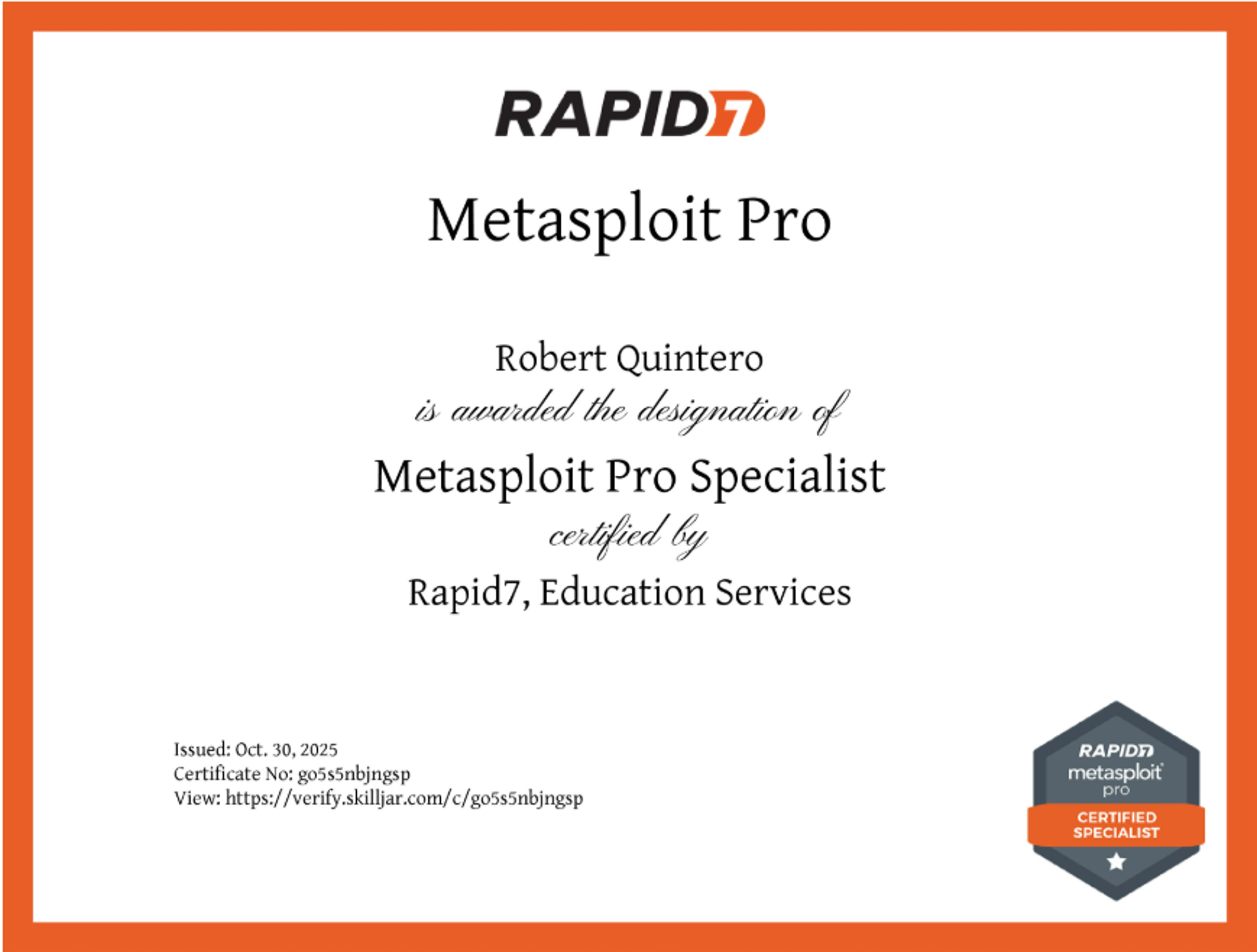 Metasploit Pro Certificate