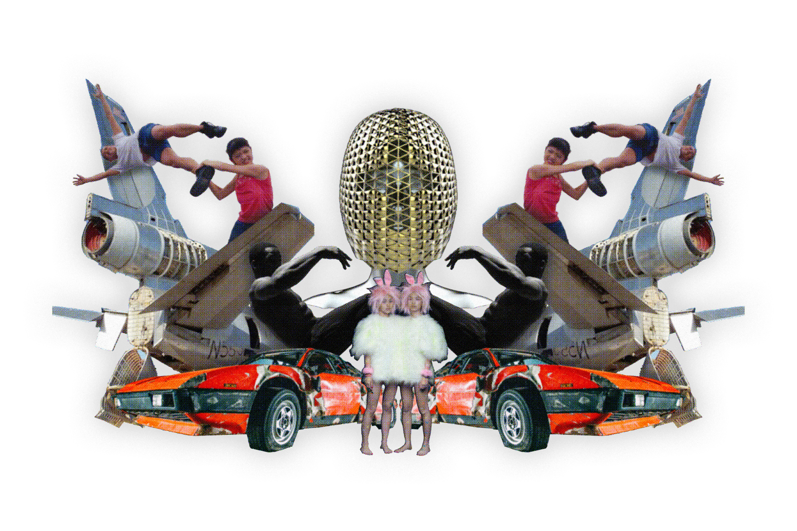 Collage mirrored at the centre with gold crown above two women in furry white top with pink bunny ears. On either side there is a crashed red Ferrari a dancer in a pose and the tails of two crashed planes and a child swinging another child by his foot.