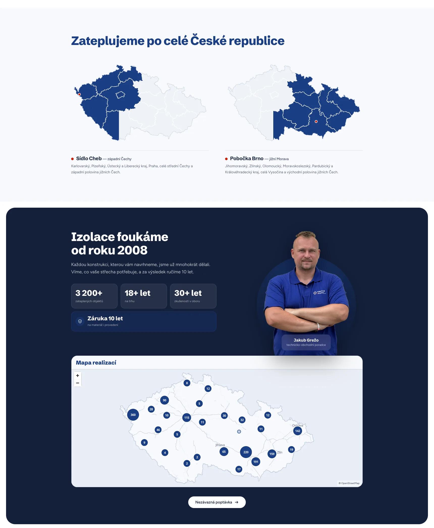 Foukané izolace s.r.o. — sekce s mapou realizací po celé ČR