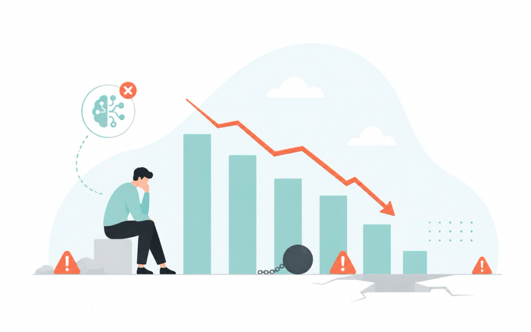 Illustration of a declining business chart showing the risks and costs of delaying AI adoption, with a worried business professional and downward trend. Illustration of a declining business chart showing the risks and costs of delaying AI adoption, with a worried business professional and downward trend.