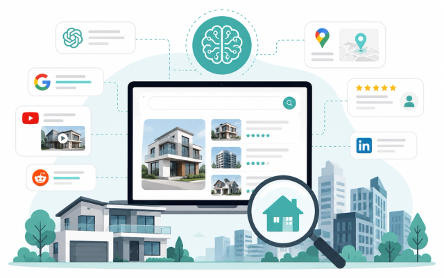 Digital illustration representing AI search optimization for real estate businesses Digital illustration representing AI search optimization for real estate businesses