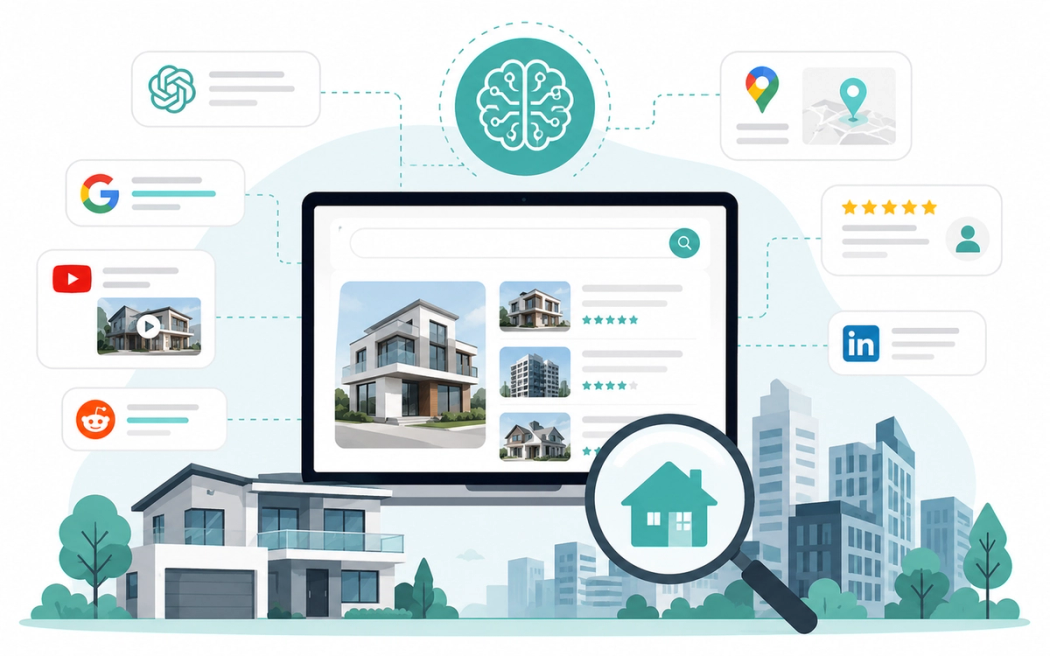 Digital illustration representing AI search optimization for real estate businesses Digital illustration representing AI search optimization for real estate businesses