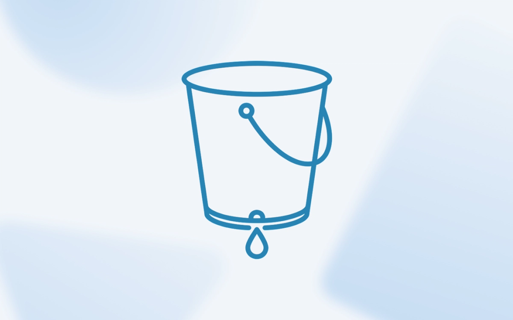 A line drawing of a leaking bucket with a single falling drop, representing how Google Ads budget is wasted on bad search terms.