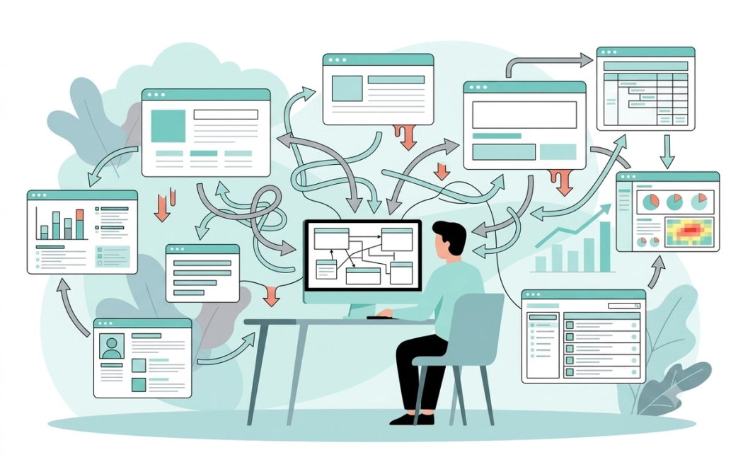 a person at a computer surrounded by a chaotic, tangled web of floating software windows and overlapping arrows, representing operational complexity.